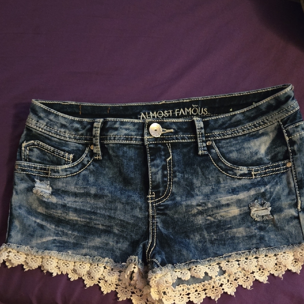 Almost Famous Blue Jean Shorts with Lace Trim